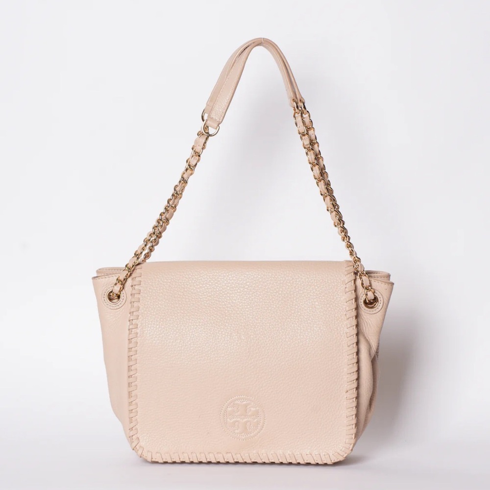 Tory Burch Marion Flap Pebbled Shoulder Sling Crossbody Bag Pink Cream